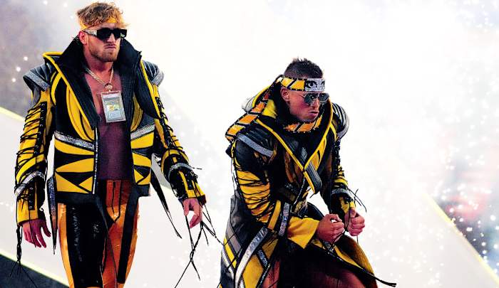 The Miz and Logan Paul make their way to the ring for a match against the Mysterios at Wrestlemania in Arlington, Texas.